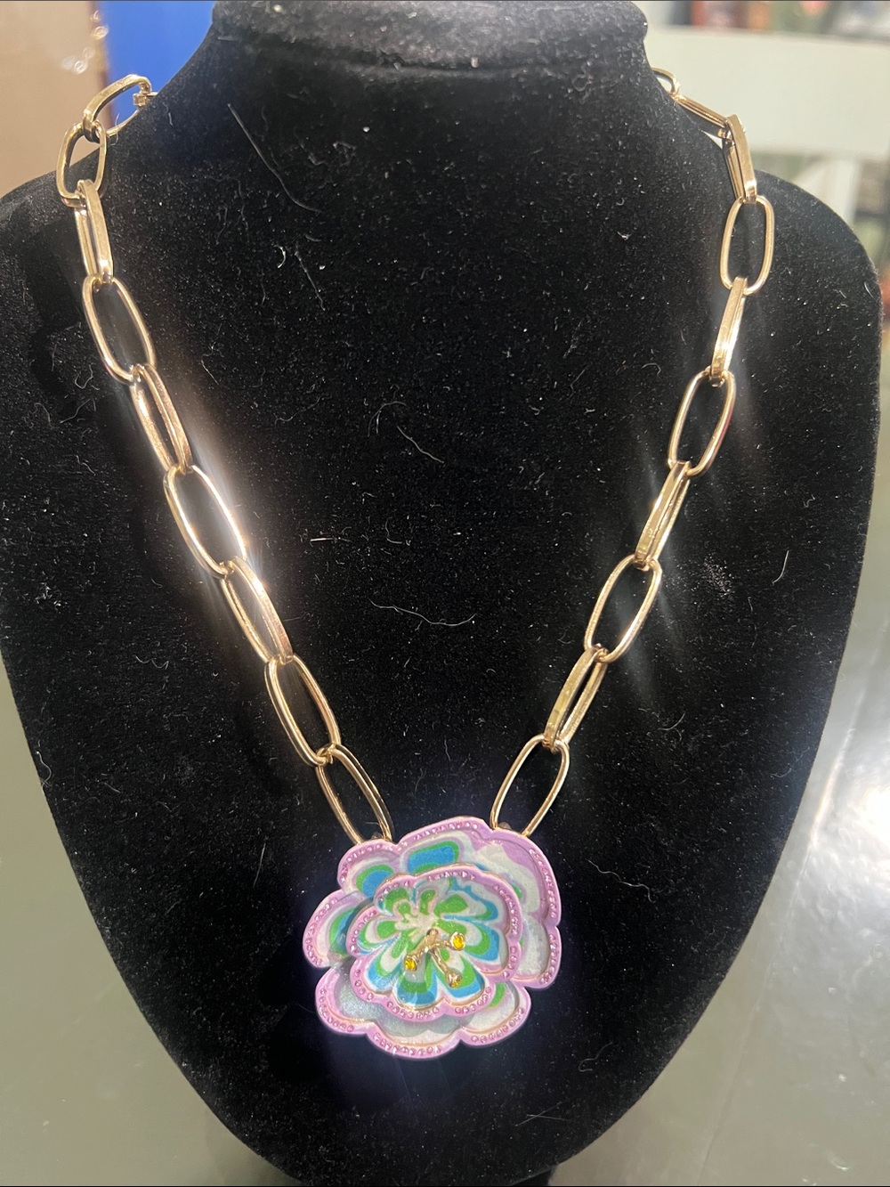 Gold Chain Necklace with Pink & Green Flower Pendant - Women Jewelry